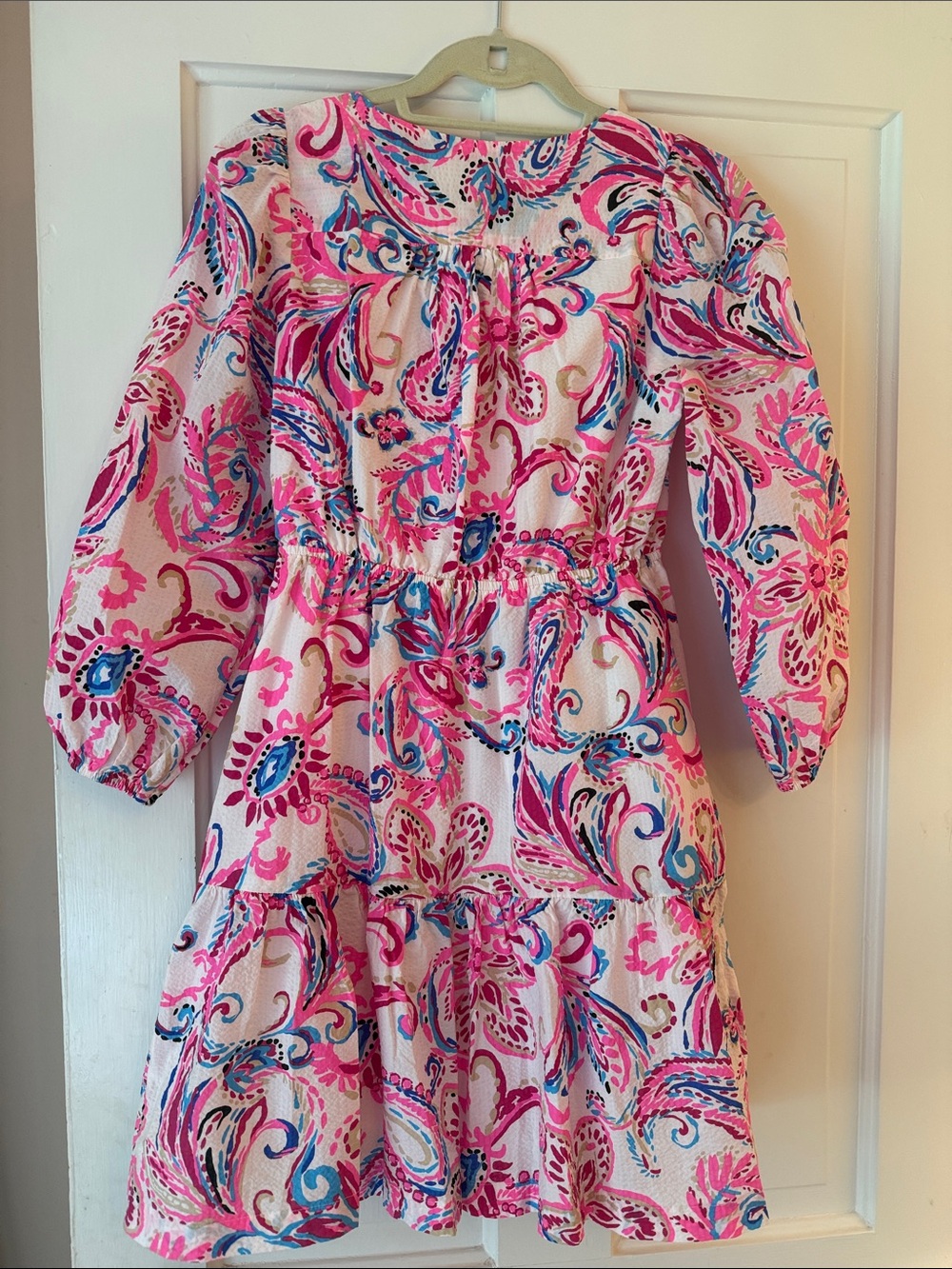 Lilly Pulitzer Pink Paisley Tiered V-Neck Dress with Blue Accents - Picture 4 of 5